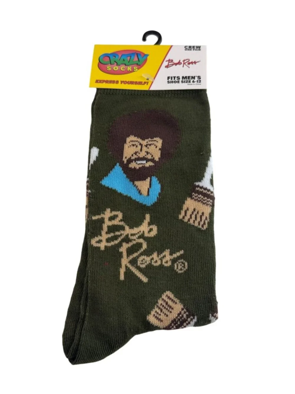 Bob Ross Mens Crew Socks Green Paint Brush Artist Novelty Shoe Size 6-12 New